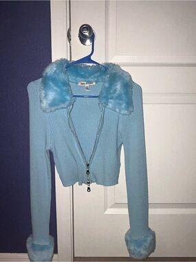 Urban Outfitters Aqua Blue Faux Fur Trim Ribbed Zip Cardigan